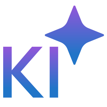 KI-Logo – blau-lila Schrift ‚KI‘ mit einem funkelnden Stern, steht für den Einsatz von Künstlicher Intelligenz in der Barrierefreiheit.
